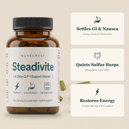 Nuvecrest Steadivite - settles GI and nausea, quiets sulfur burps, restores energy