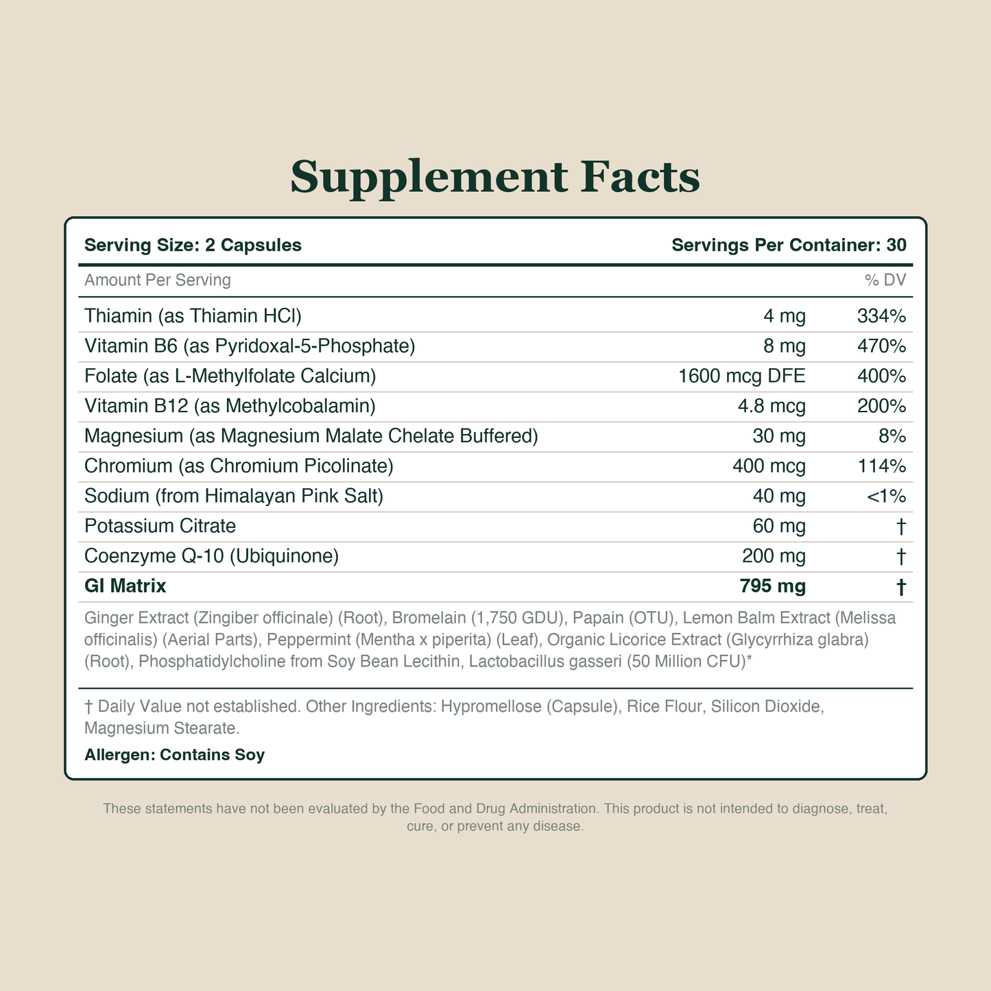 Full Supplement Facts panel - 10 declared actives and the 795 mg GI Matrix
