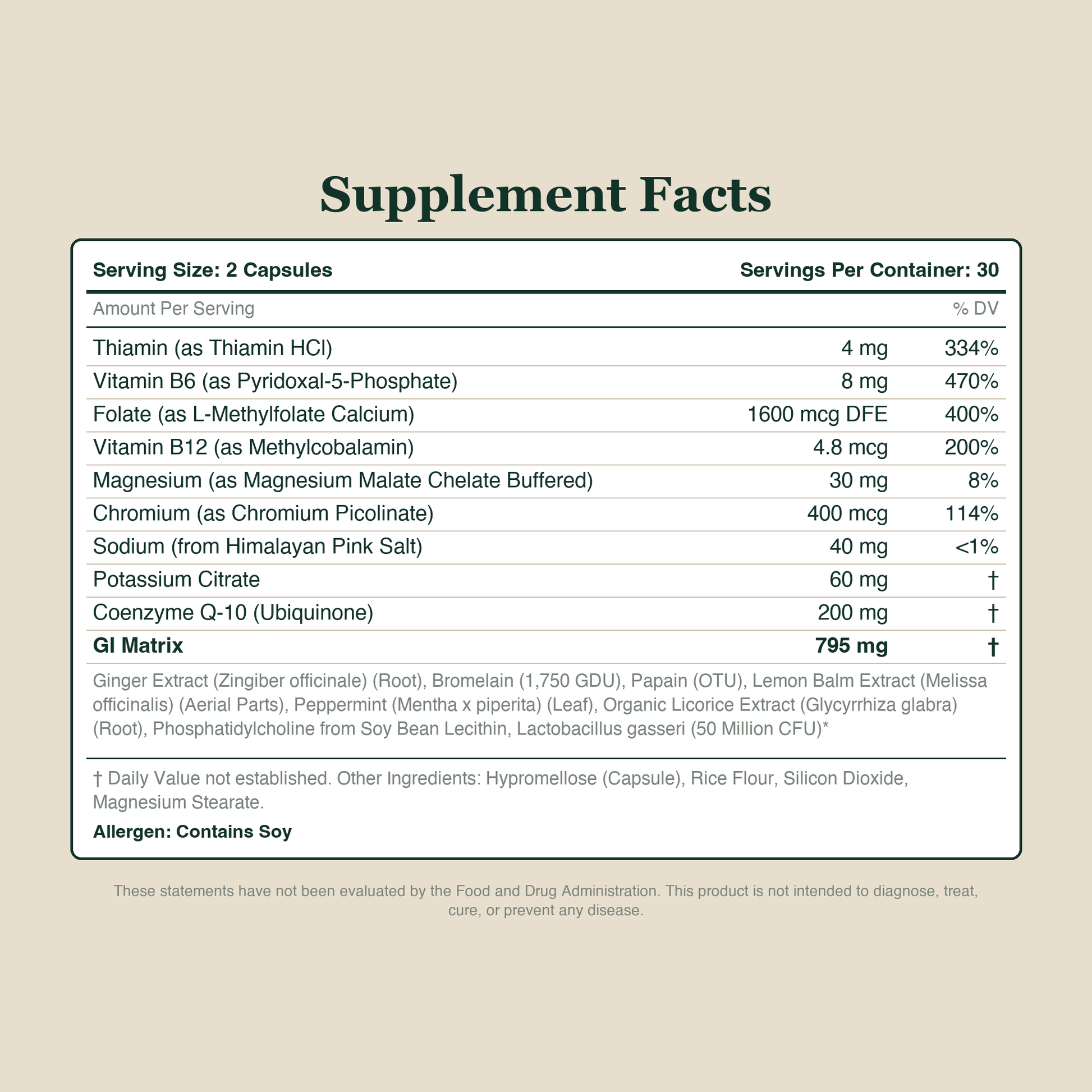 Full Supplement Facts panel - 10 declared actives and the 795 mg GI Matrix