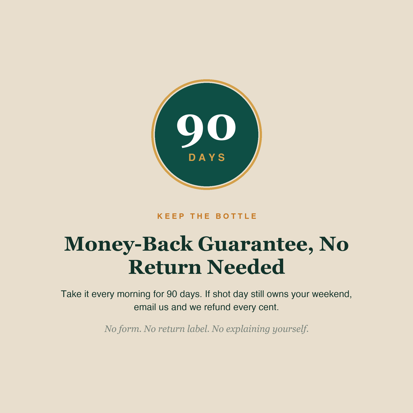 90-day money-back guarantee, no return needed - keep the bottle